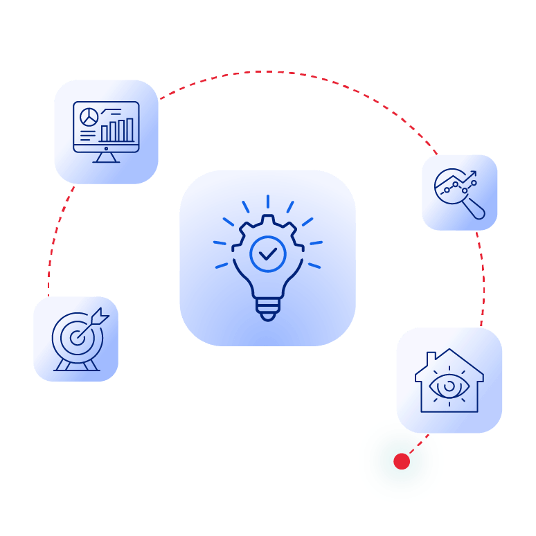 Illustration showing AI-powered construction finance capabilities, including analytics, goal tracking, performance insights, and property visibility connected through a centralized platform.