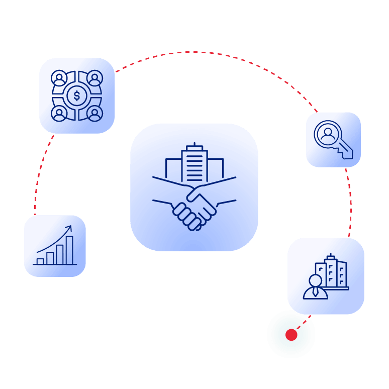 Illustration of owners and developers at the center of a construction finance ecosystem connected to investors, project growth, property stakeholders, and borrower discovery.