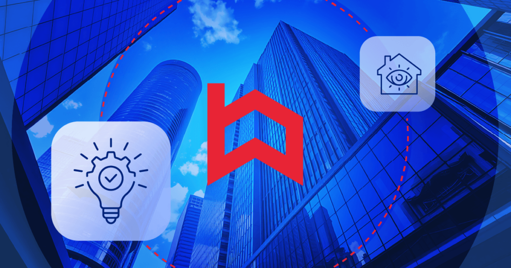 Illustration of a commercial real estate building with the Built logo, representing AI-driven insights, property visibility, and construction finance technology.