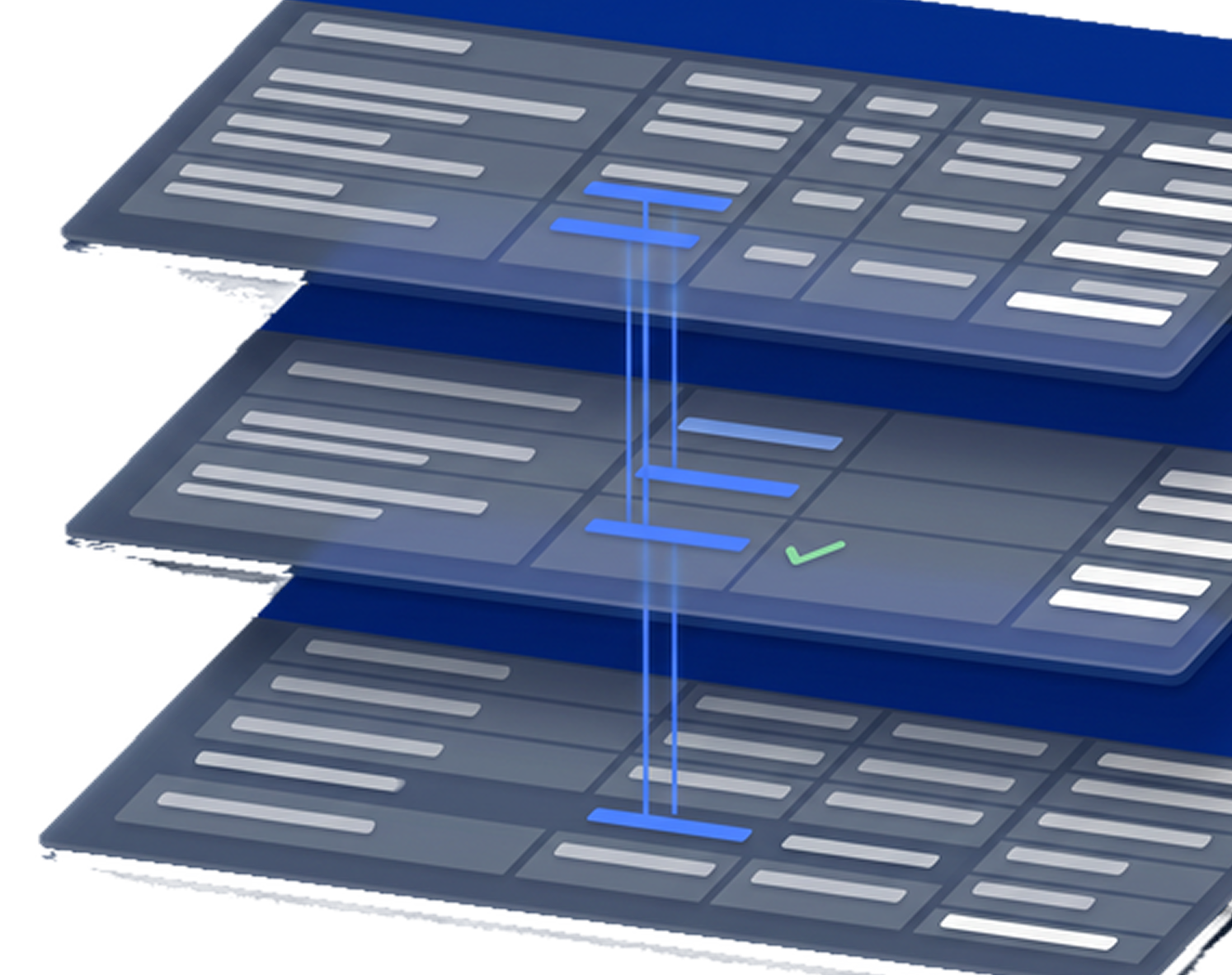 Illustration of layered construction budget management dashboards showing synchronized financial data flowing between project phases, with highlighted budget line items and a completed approval indicator.