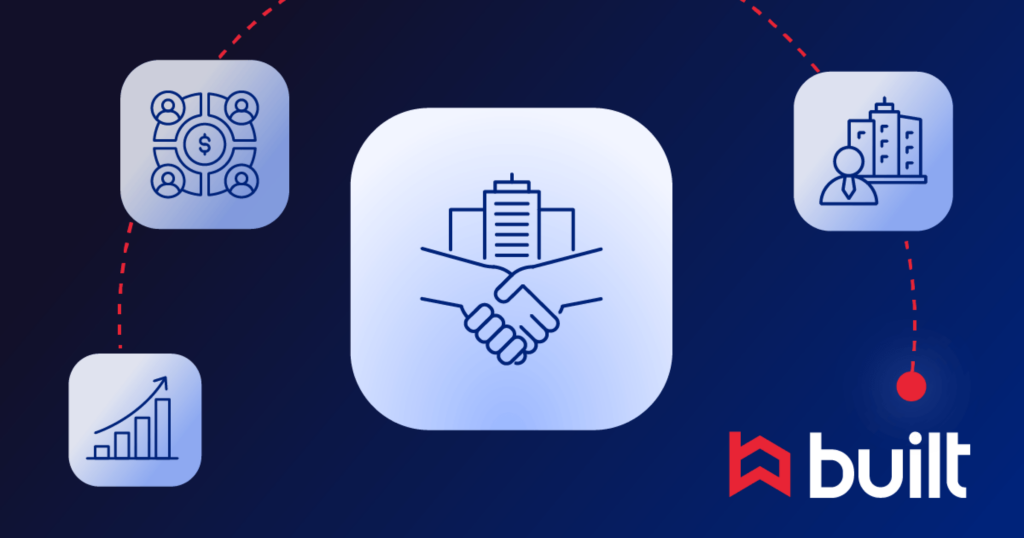 Built illustration showing owners and developers connected to investors, project growth, and commercial real estate stakeholders within the construction finance ecosystem.