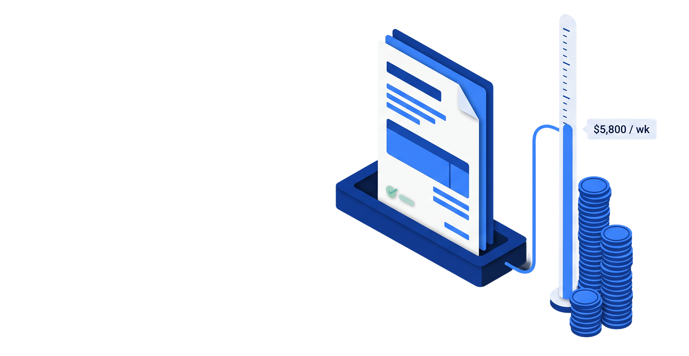 Illustration of digital construction budget documents beside a vertical cost gauge and stacks of coins representing construction cost forecasting and budget tracking.