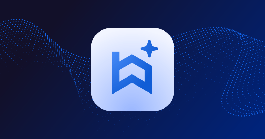 Built AI logo on a white rounded-square icon against a dark blue gradient background with abstract blue dotted wave patterns, representing AI and automation in construction finance.