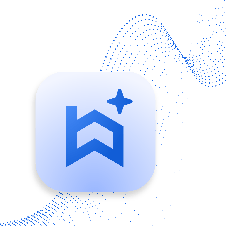 Built AI logo on a white rounded-square icon with abstract blue dotted wave graphics on a transparent background, designed for use in marketing materials and web pages.