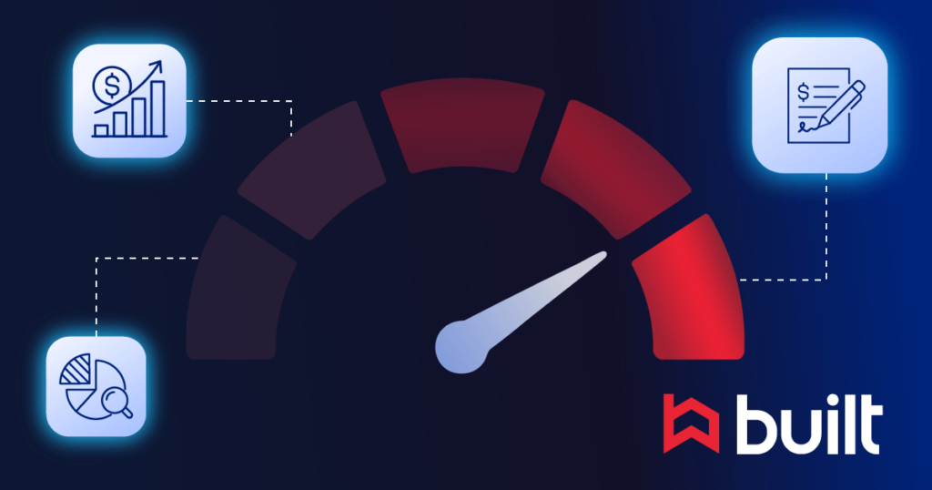 Built AI illustration featuring a performance gauge with analytics, financial growth, and document automation icons representing AI-powered construction lending workflows.