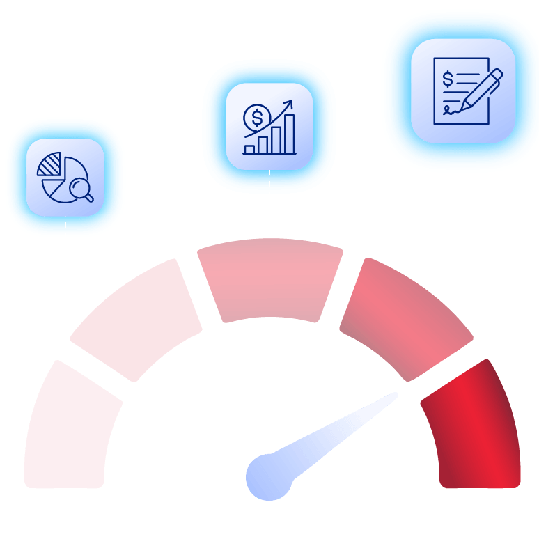 Illustration of a performance gauge with analytics, financial growth, and document automation icons representing AI-powered construction lending workflows.