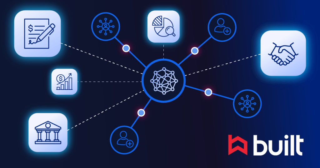 Built AI illustration showing a central AI engine connected to capital markets workflows, including loan documentation, financial analysis, banking, investor and stakeholder management, performance reporting, and relationship management, representing connected AI automation across the capital markets lifecycle.