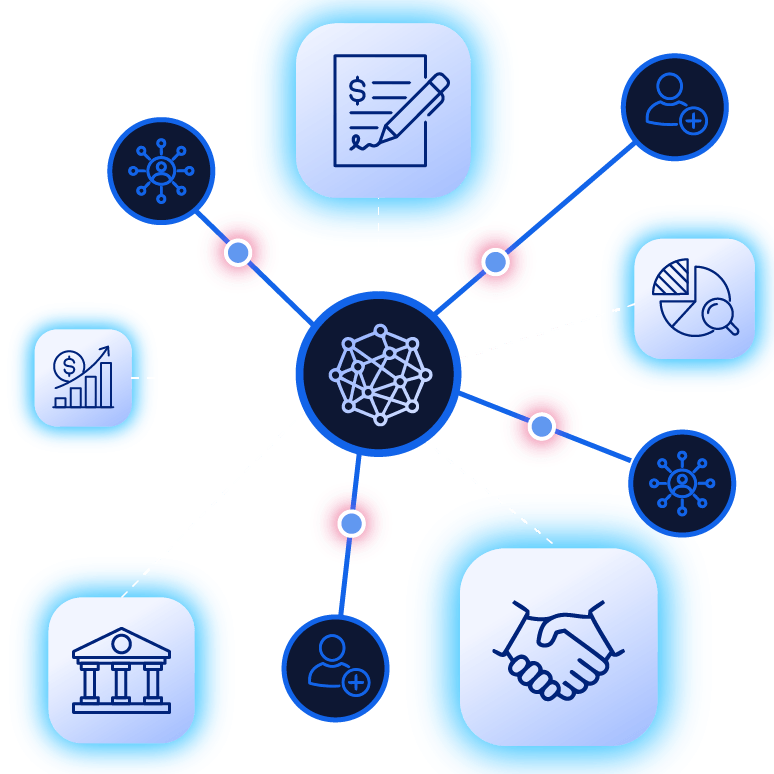 Illustration of an AI-powered capital markets platform with a central neural network icon connected to multiple financial workflows, including loan documentation, investor relationships, portfolio analytics, financial performance, banking institutions, and stakeholder management, representing AI-driven automation and connected operations.