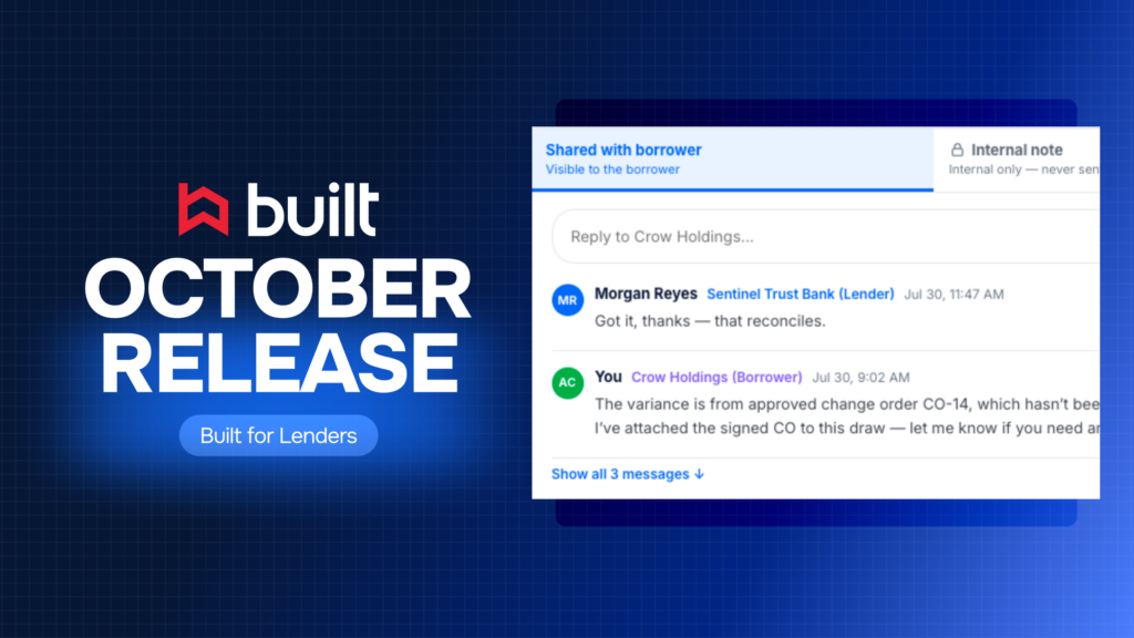 Built October Release graphic highlighting new lender collaboration features, including borrower-shared messages and internal notes.